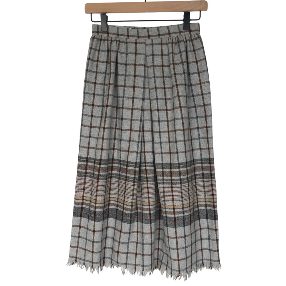 VTG COLLEGE TOWN Wool Blend Fringe Hem Midi‎ Skirt Sz XS Gray Plaid USA Made